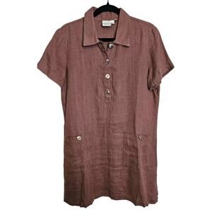Ladies Vintage Match USA Size 10P Brown 100% Linen Straight Dress Front Pockets